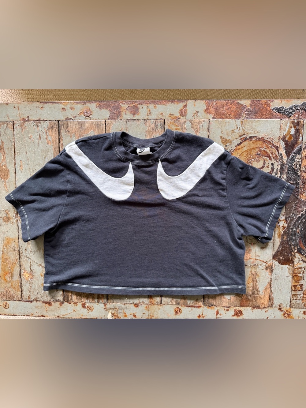 Women’s Nike Black Cropped Tee with White Double Swoosh and White Stitching